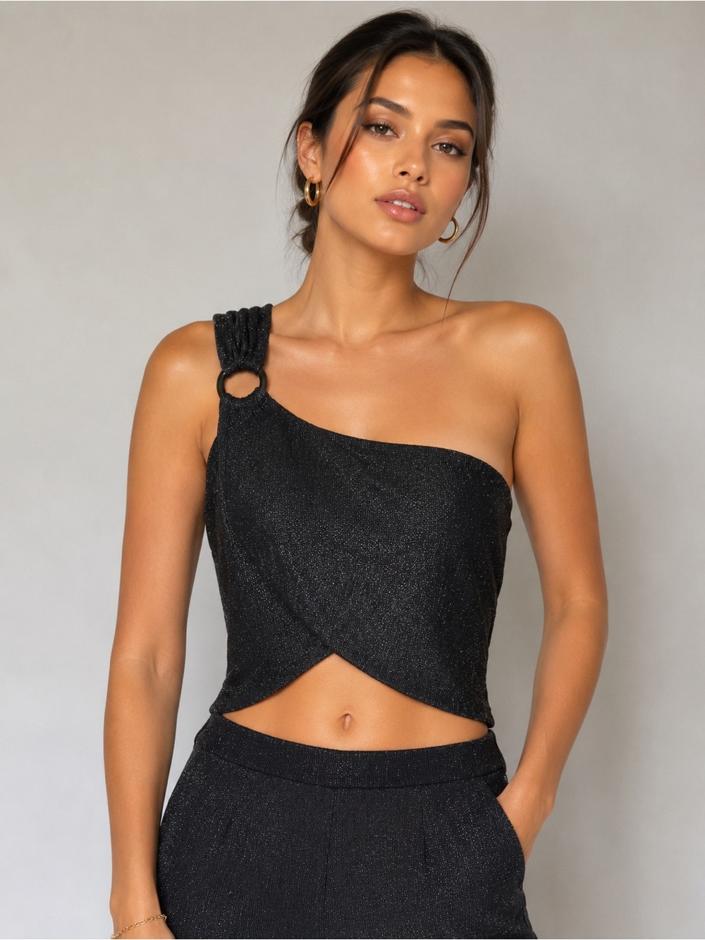 House of Harlow 1960 Black Metallic One Shoulder Top L NWOT